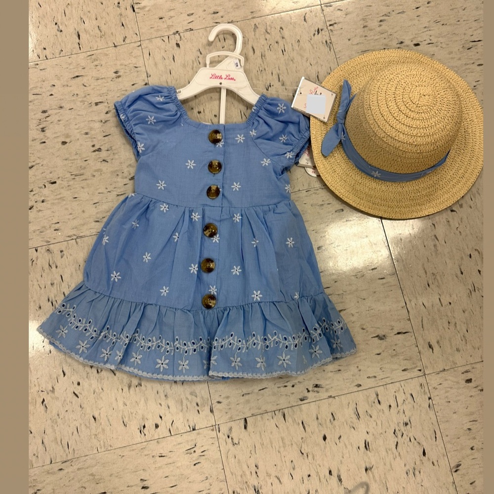 Blue Floral Button Dress with Straw Hat